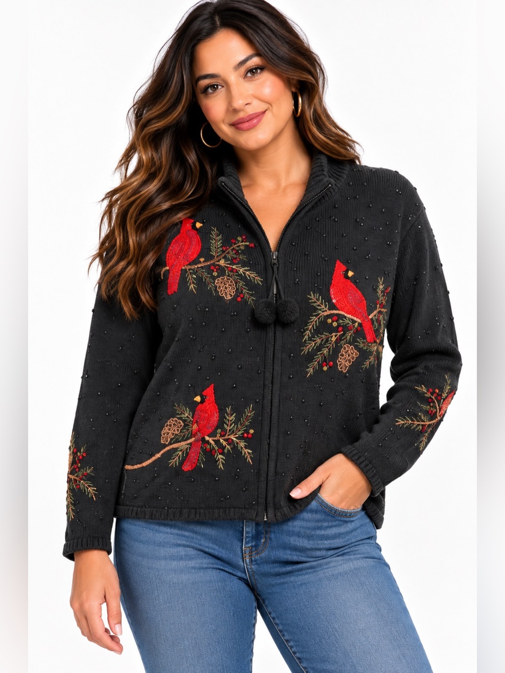 Tiara International Black Christmas Cardinal Sequin Embroidered Zip Cardigan XL